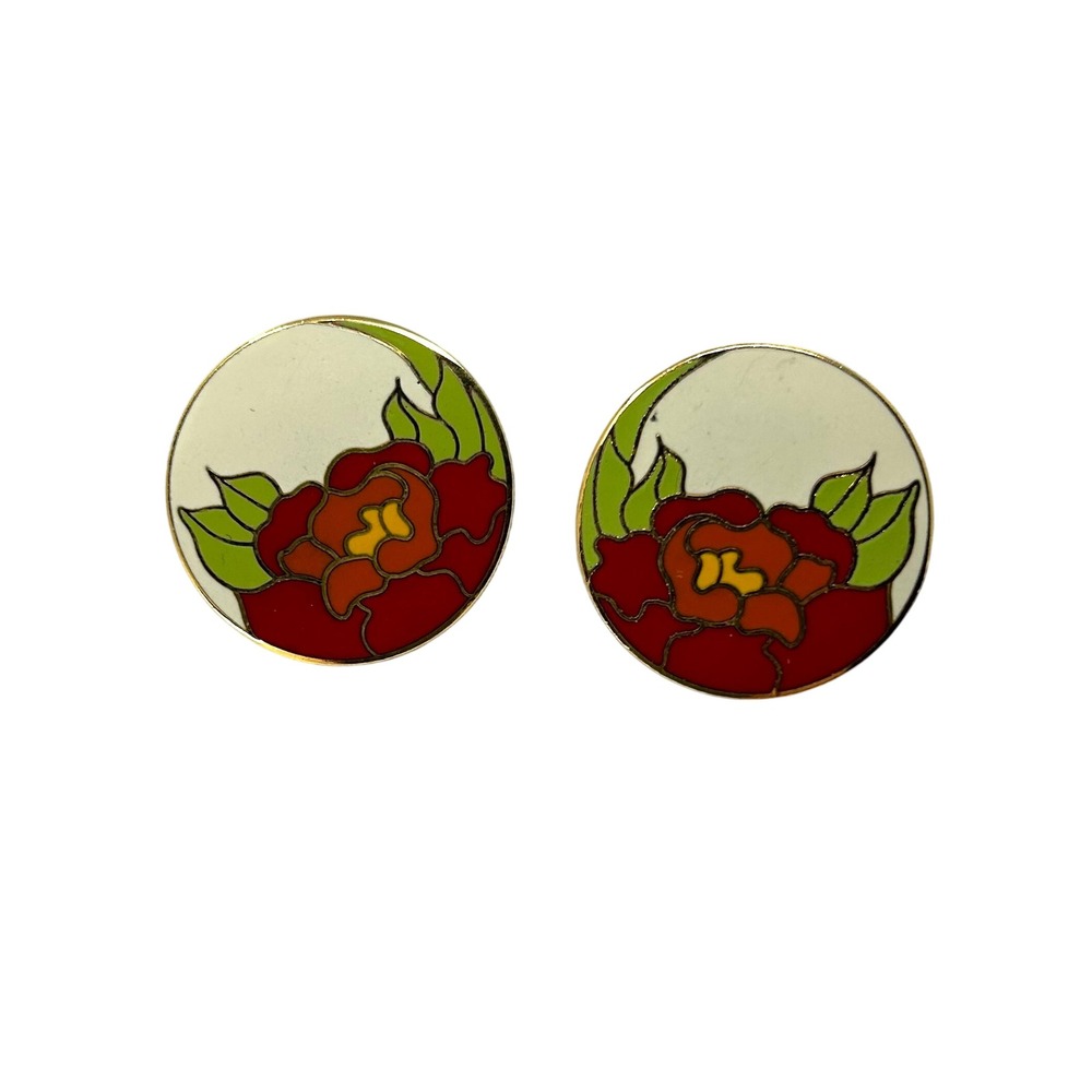 VTG Laurel Burch Garden Rose Enamel‎ Pierced Earrings Gold Tone